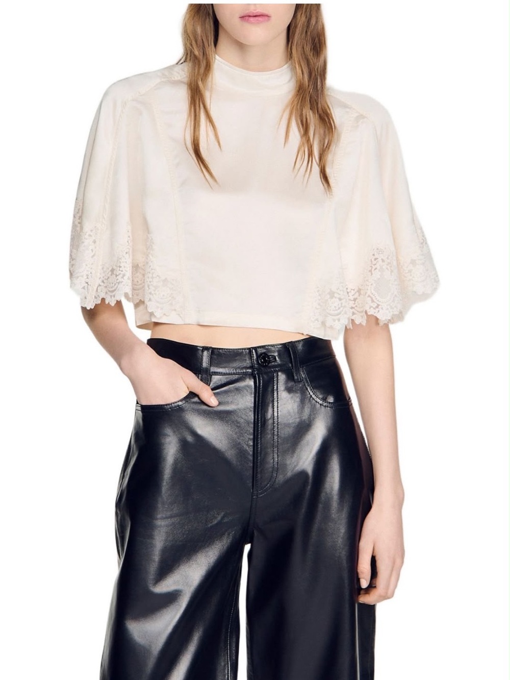 Sandro satin Cream Lace-Trim Crop Cape Top